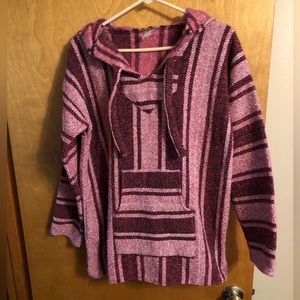 Burgundy stripped heavy hoodie jacket. Not sure of size.